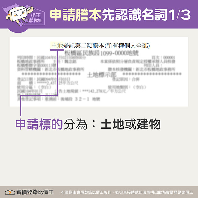 謄本申請標的分為土地或建築改良物（即建物)。實價登錄比價王